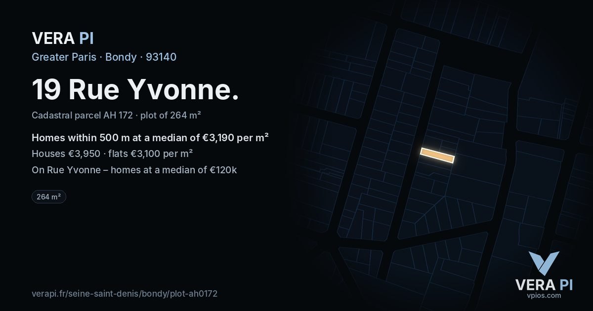 19 Rue Yvonne, Bondy at night – the plot lit, the parcels around coloured by the prices near them