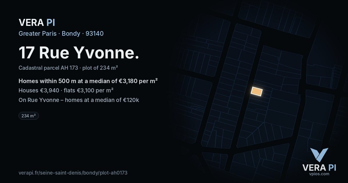 17 Rue Yvonne, Bondy at night – the plot lit, the parcels around coloured by the prices near them