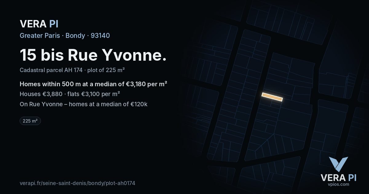 15 bis Rue Yvonne, Bondy at night – the plot lit, the parcels around coloured by the prices near them