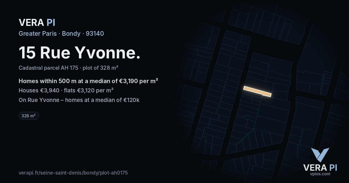 15 Rue Yvonne, Bondy at night – the plot lit, the parcels around coloured by the prices near them