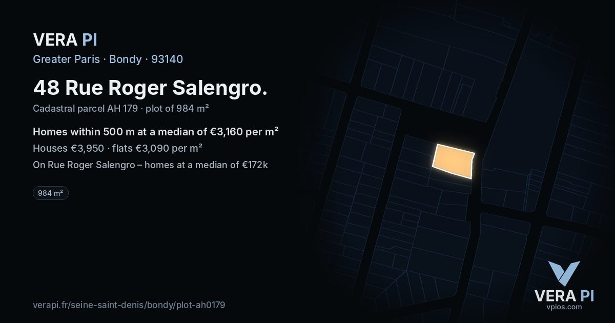 48 Rue Roger Salengro, Bondy at night – the plot lit, the parcels around coloured by the prices near them