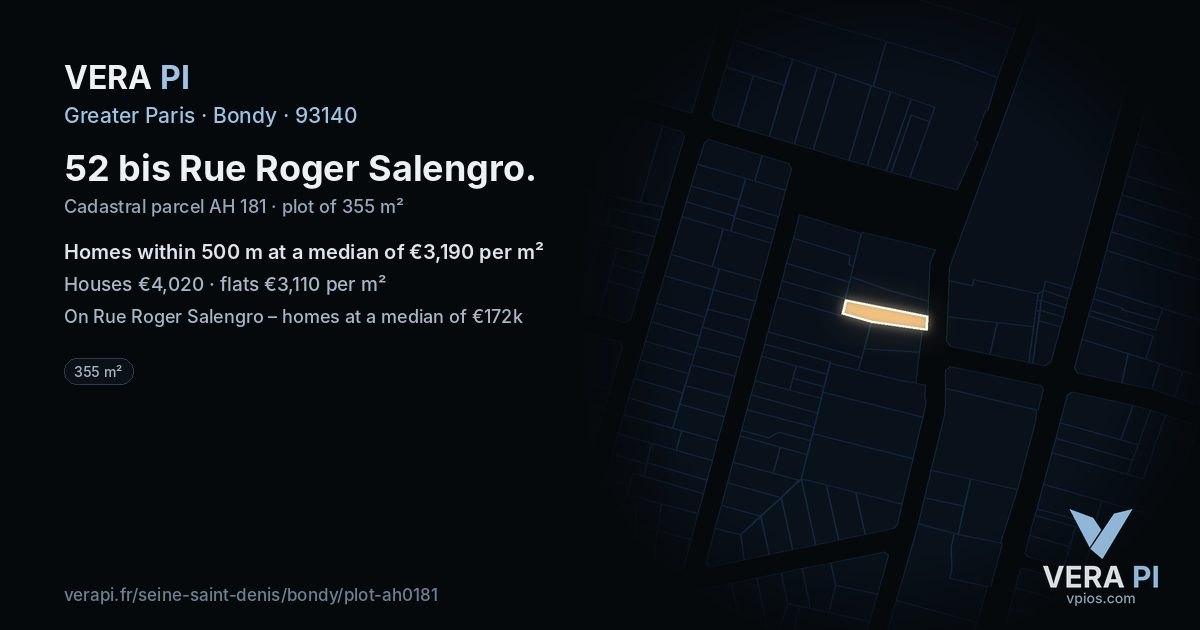 52 bis Rue Roger Salengro, Bondy at night – the plot lit, the parcels around coloured by the prices near them