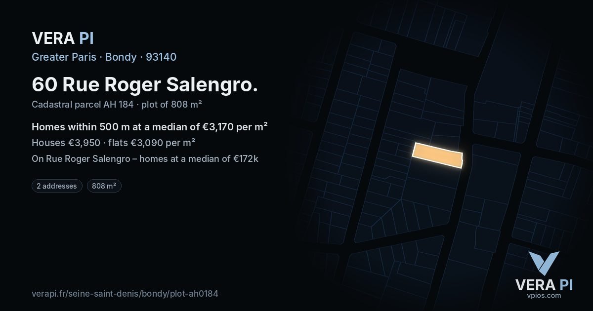 60 Rue Roger Salengro, Bondy at night – the plot lit, the parcels around coloured by the prices near them