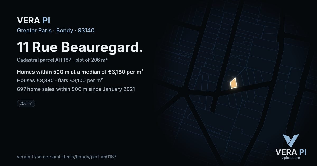 11 Rue Beauregard, Bondy at night – the plot lit, the parcels around coloured by the prices near them