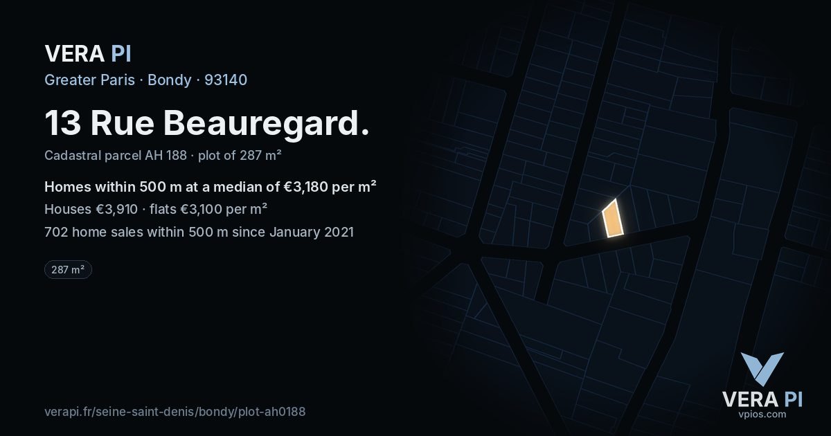 13 Rue Beauregard, Bondy at night – the plot lit, the parcels around coloured by the prices near them