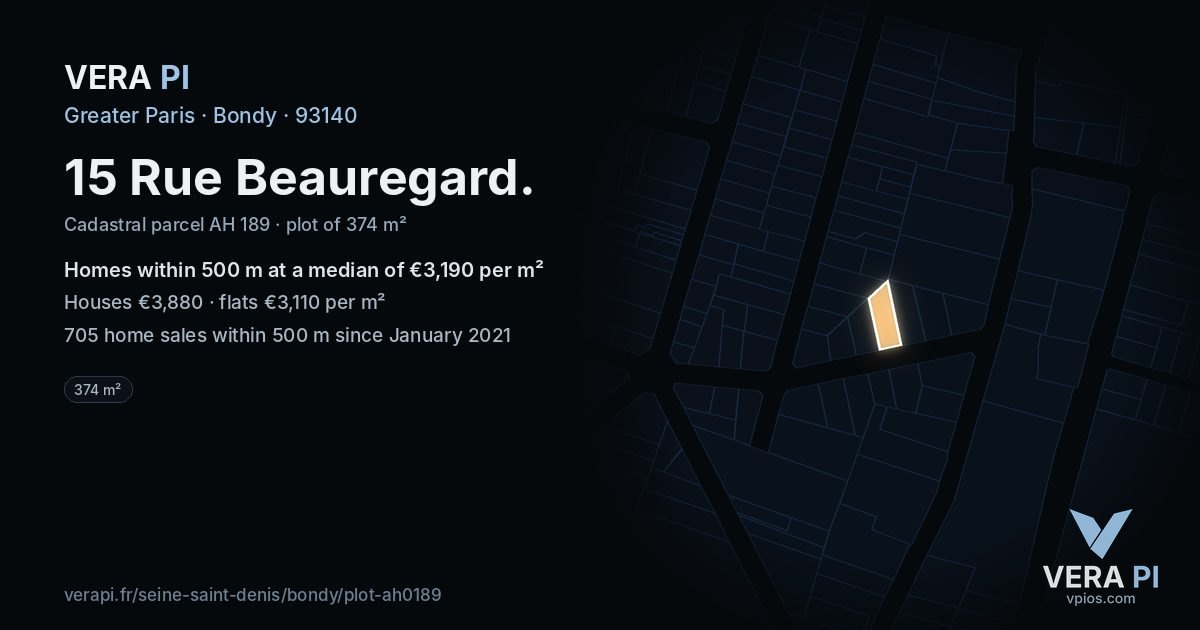 15 Rue Beauregard, Bondy at night – the plot lit, the parcels around coloured by the prices near them
