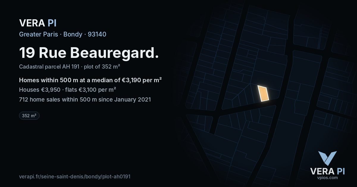 19 Rue Beauregard, Bondy at night – the plot lit, the parcels around coloured by the prices near them
