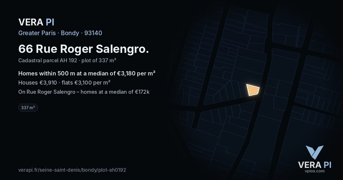 66 Rue Roger Salengro, Bondy at night – the plot lit, the parcels around coloured by the prices near them