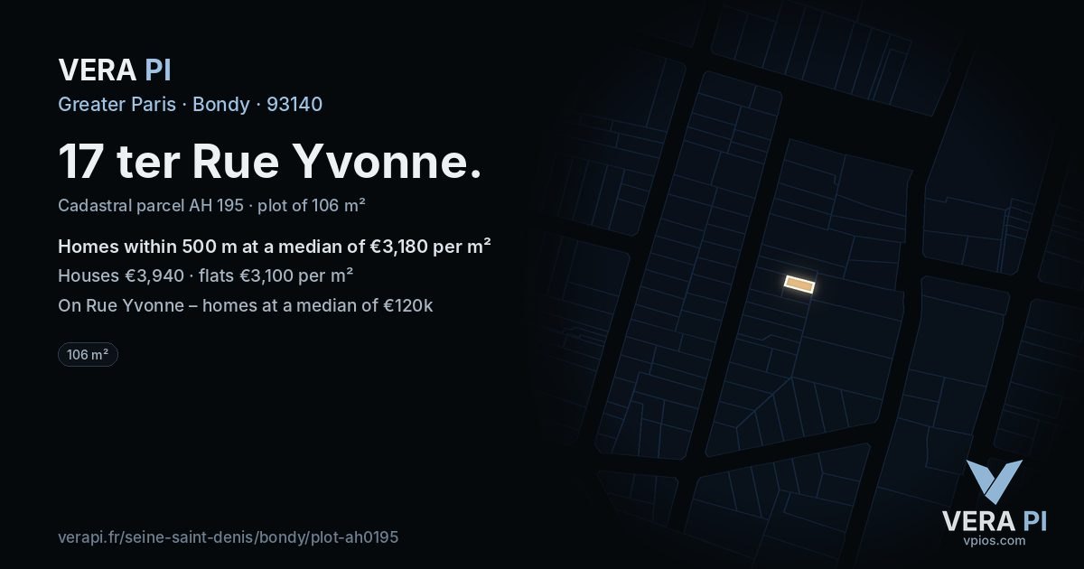 17 ter Rue Yvonne, Bondy at night – the plot lit, the parcels around coloured by the prices near them