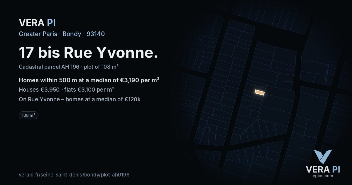 17 bis Rue Yvonne, Bondy at night – the plot lit, the parcels around coloured by the prices near them