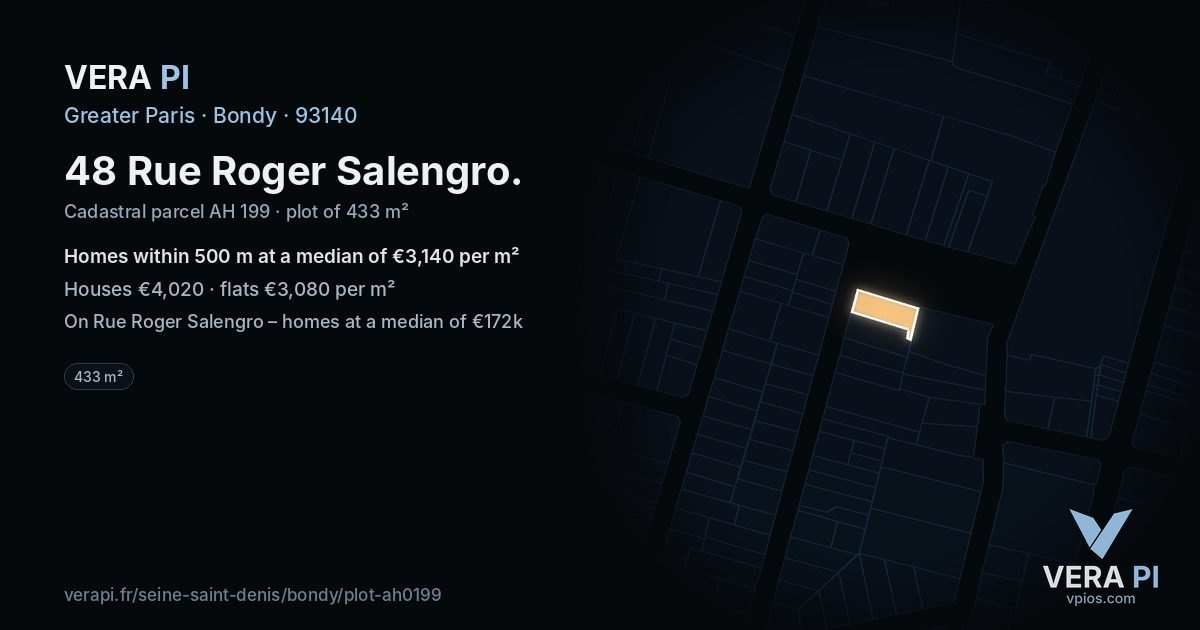 48 Rue Roger Salengro, Bondy at night – the plot lit, the parcels around coloured by the prices near them