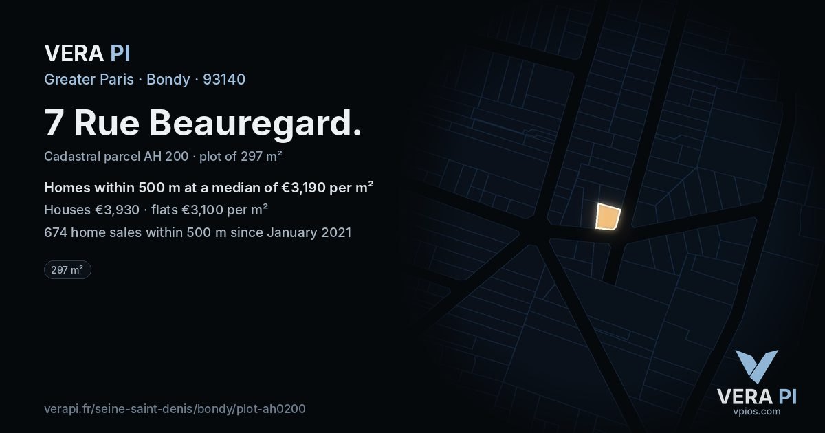7 Rue Beauregard, Bondy at night – the plot lit, the parcels around coloured by the prices near them