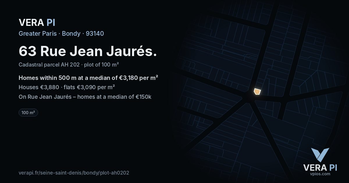 63 Rue Jean Jaurés, Bondy at night – the plot lit, the parcels around coloured by the prices near them