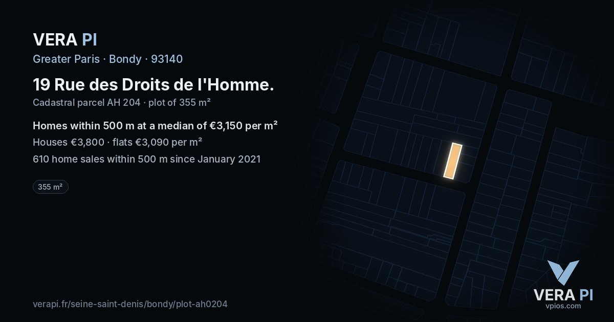 19 Rue des Droits de l'Homme, Bondy at night – the plot lit, the parcels around coloured by the prices near them