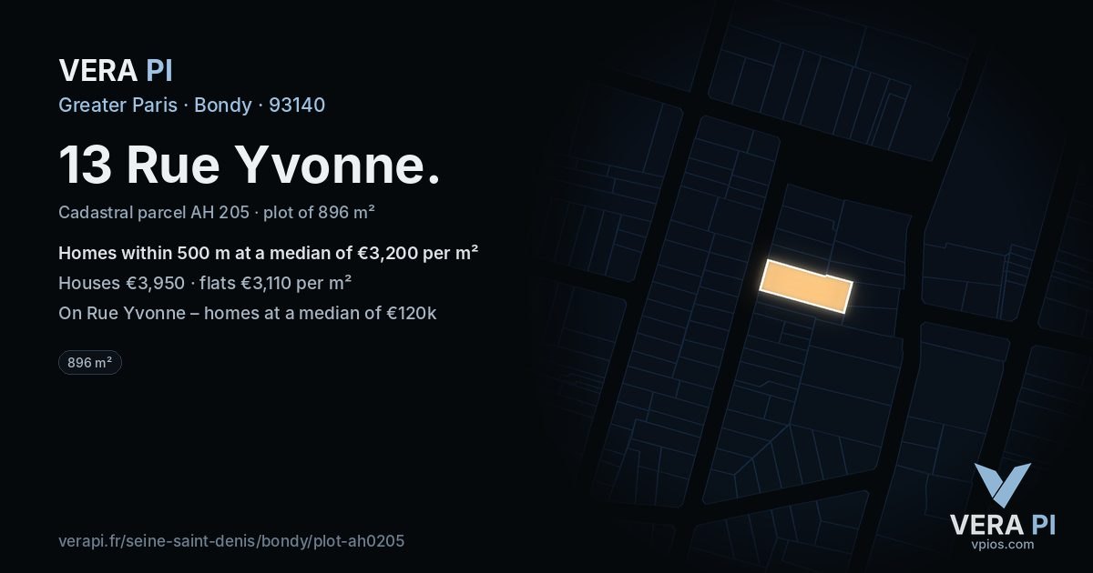 13 Rue Yvonne, Bondy at night – the plot lit, the parcels around coloured by the prices near them