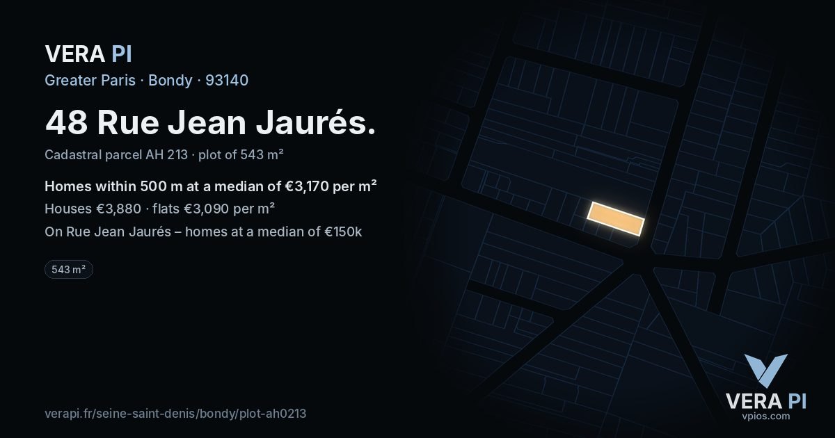 48 Rue Jean Jaurés, Bondy at night – the plot lit, the parcels around coloured by the prices near them