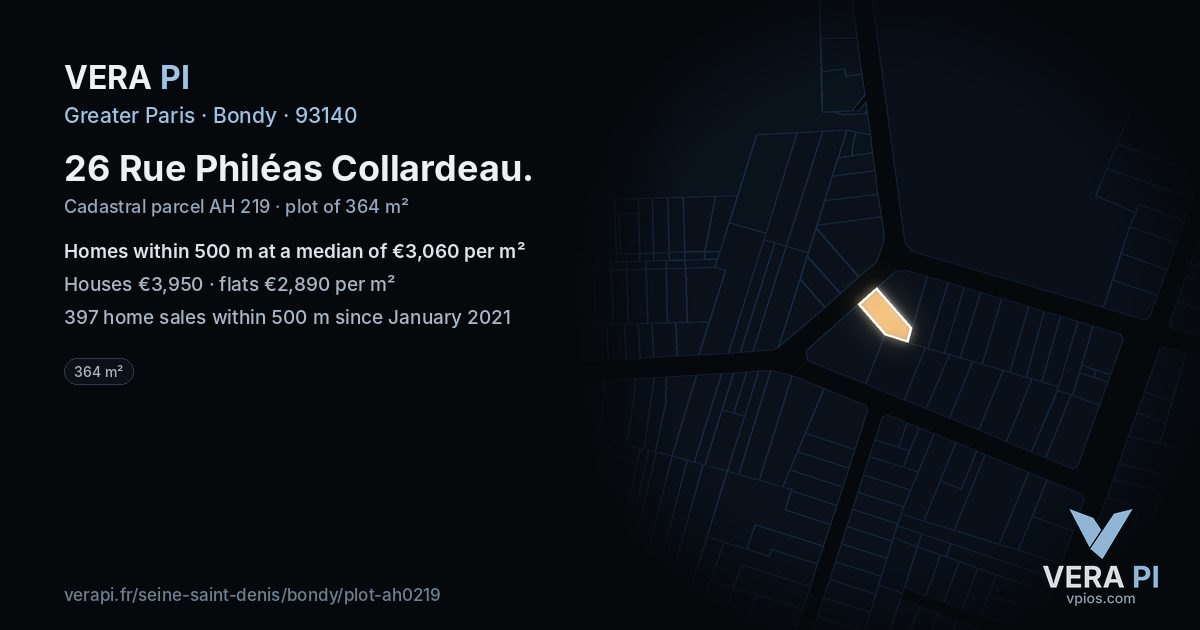 26 Rue Philéas Collardeau, Bondy at night – the plot lit, the parcels around coloured by the prices near them