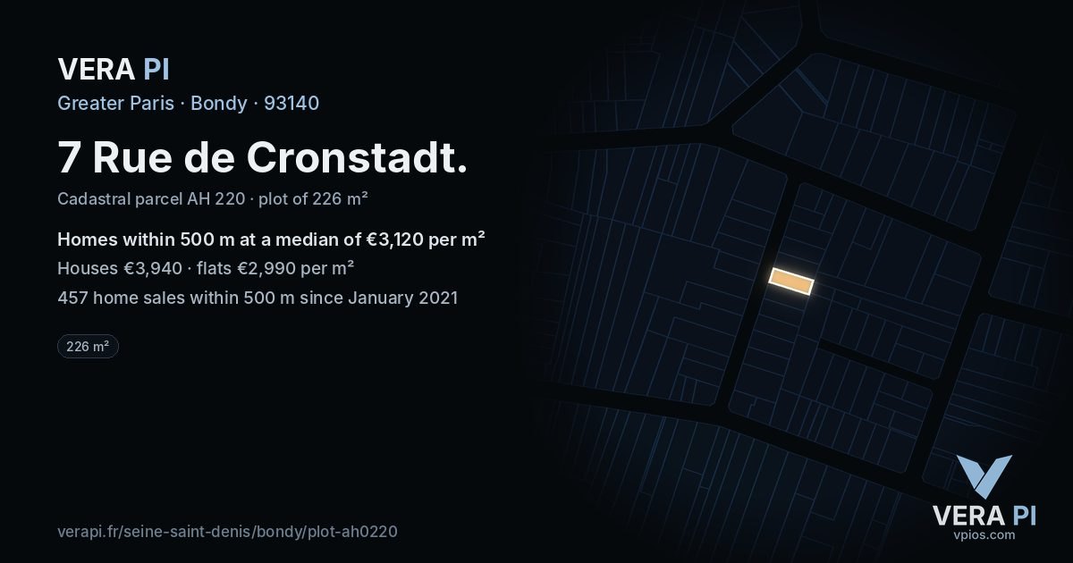 7 Rue de Cronstadt, Bondy at night – the plot lit, the parcels around coloured by the prices near them