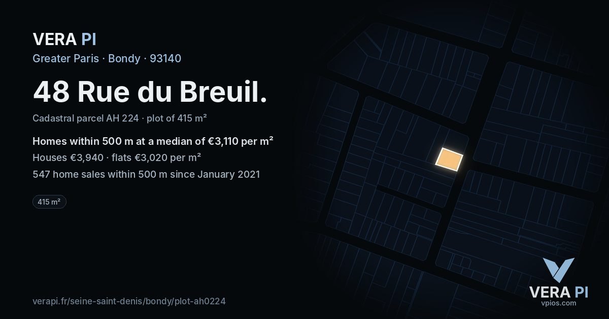 48 Rue du Breuil, Bondy at night – the plot lit, the parcels around coloured by the prices near them