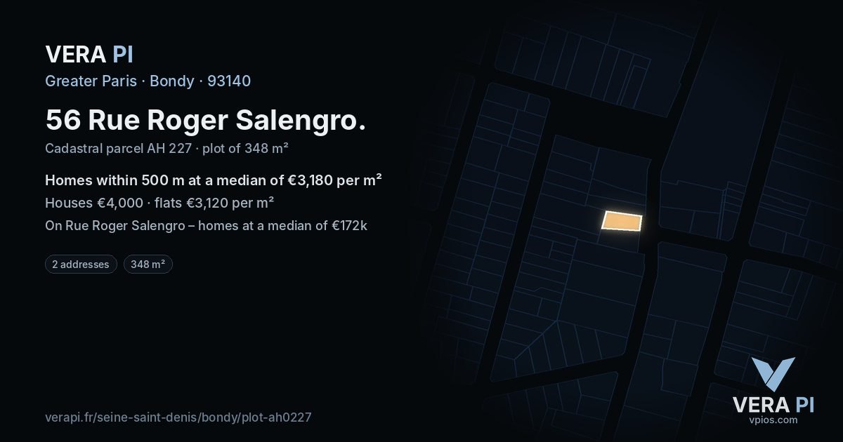56 Rue Roger Salengro, Bondy at night – the plot lit, the parcels around coloured by the prices near them