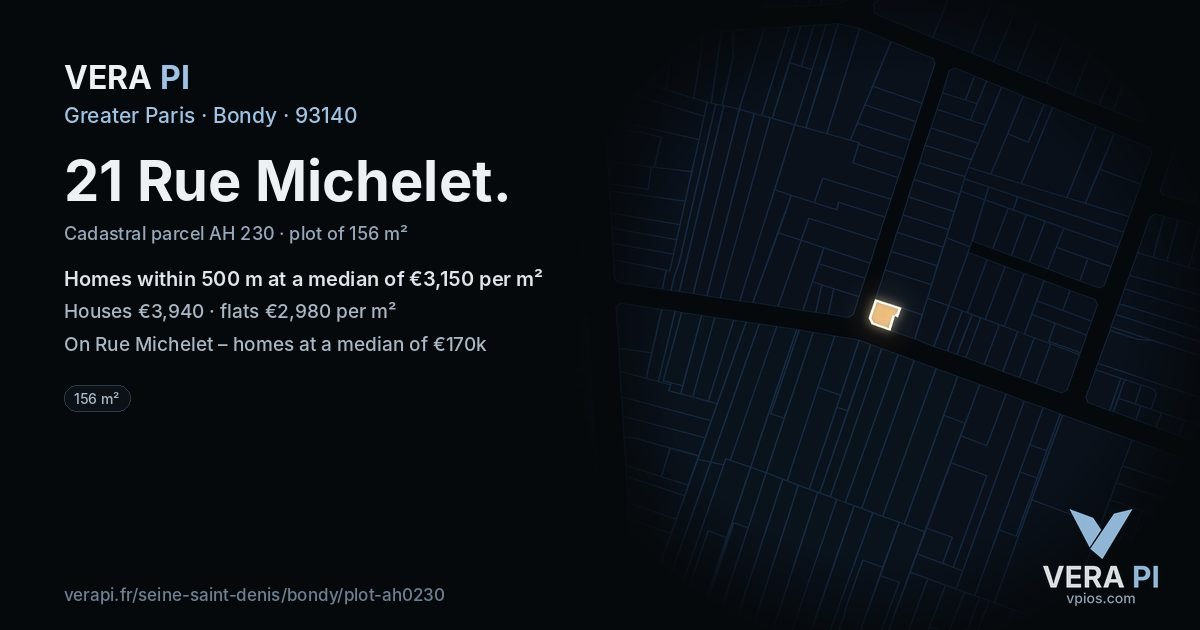 21 Rue Michelet, Bondy at night – the plot lit, the parcels around coloured by the prices near them