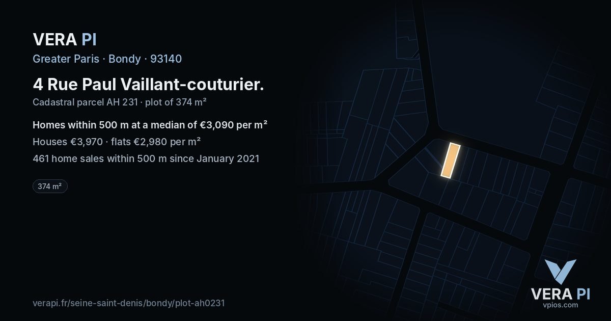 4 Rue Paul Vaillant-couturier, Bondy at night – the plot lit, the parcels around coloured by the prices near them