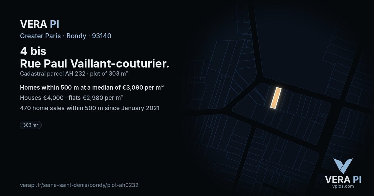 4 bis Rue Paul Vaillant-couturier, Bondy at night – the plot lit, the parcels around coloured by the prices near them