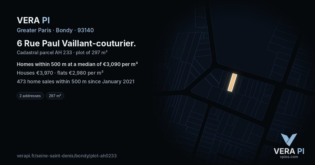 6 Rue Paul Vaillant-couturier, Bondy at night – the plot lit, the parcels around coloured by the prices near them