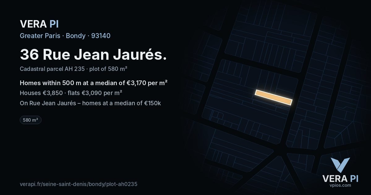 36 Rue Jean Jaurés, Bondy at night – the plot lit, the parcels around coloured by the prices near them