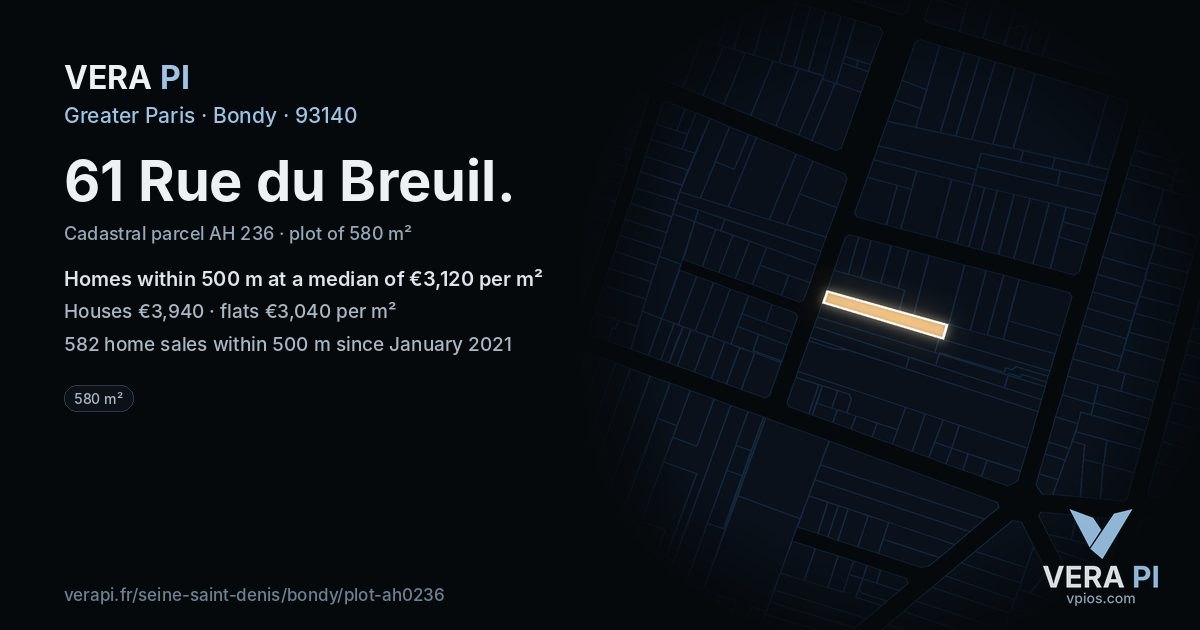 61 Rue du Breuil, Bondy at night – the plot lit, the parcels around coloured by the prices near them