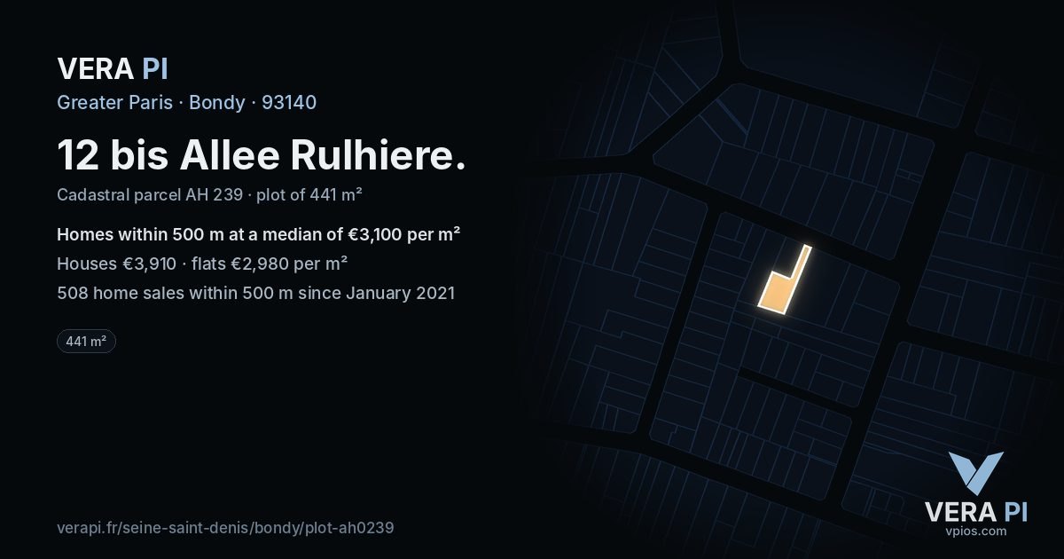 12 bis Allee Rulhiere, Bondy at night – the plot lit, the parcels around coloured by the prices near them