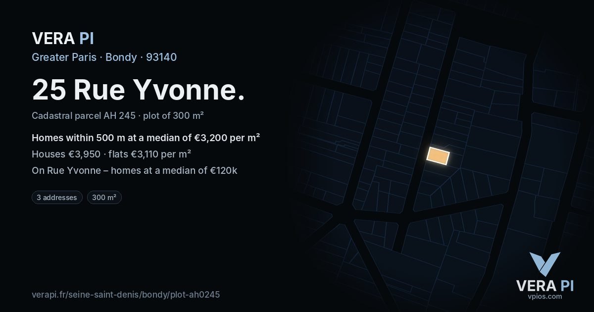 25 Rue Yvonne, Bondy at night – the plot lit, the parcels around coloured by the prices near them