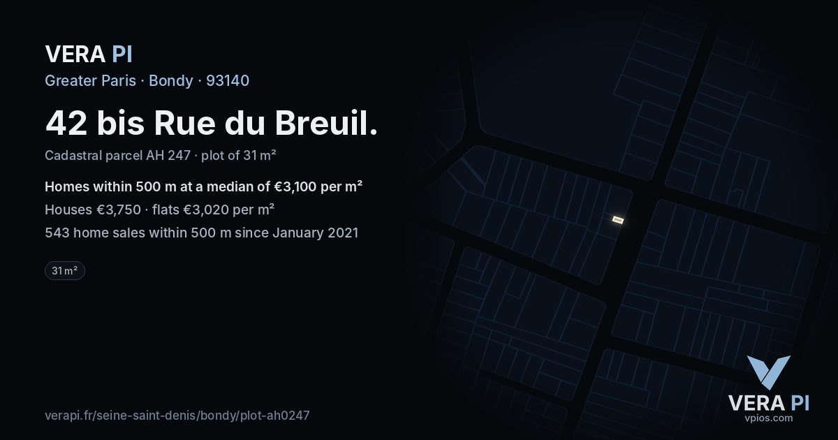42 bis Rue du Breuil, Bondy at night – the plot lit, the parcels around coloured by the prices near them