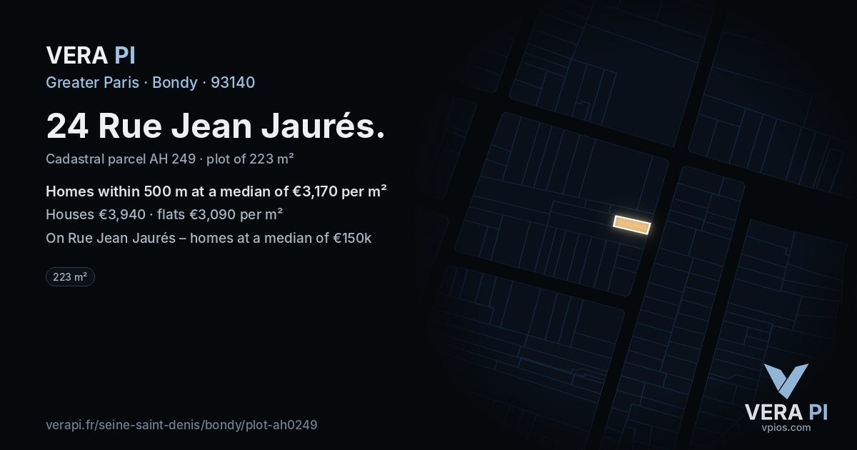 24 Rue Jean Jaurés, Bondy at night – the plot lit, the parcels around coloured by the prices near them