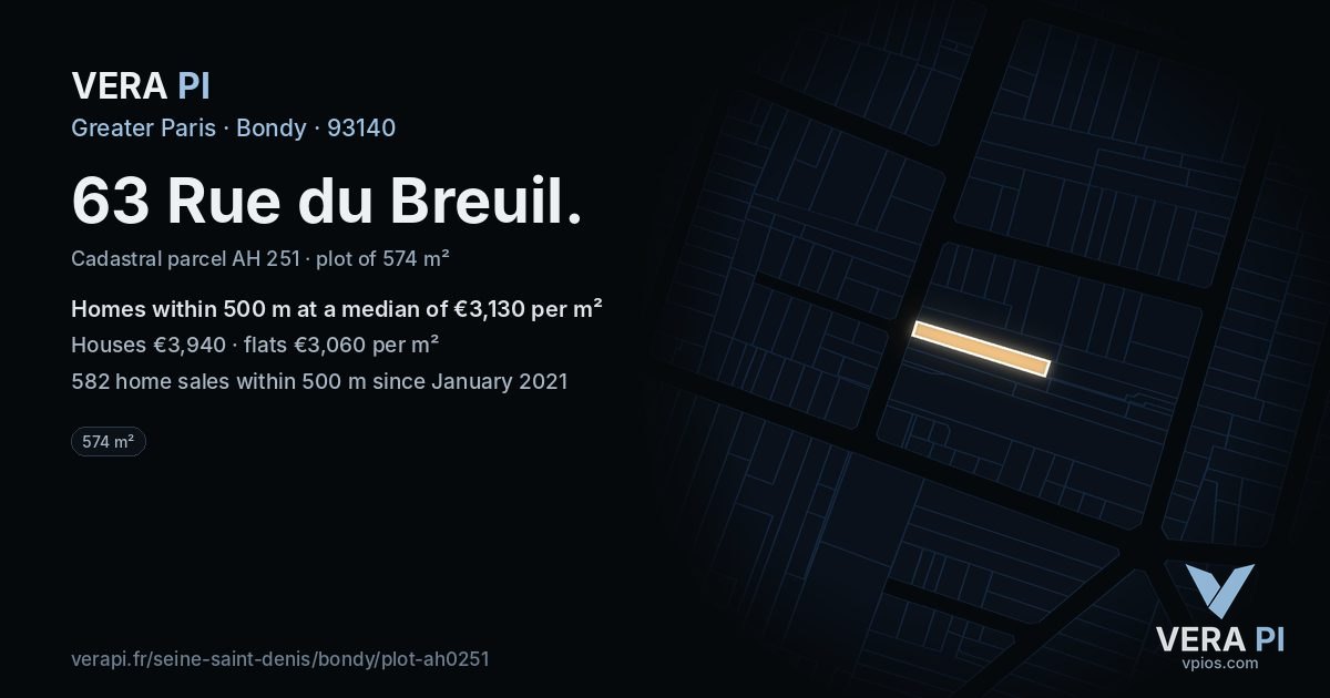 63 Rue du Breuil, Bondy at night – the plot lit, the parcels around coloured by the prices near them