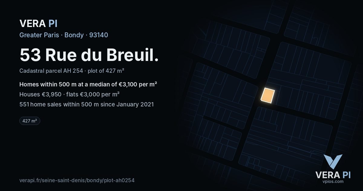 53 Rue du Breuil, Bondy at night – the plot lit, the parcels around coloured by the prices near them
