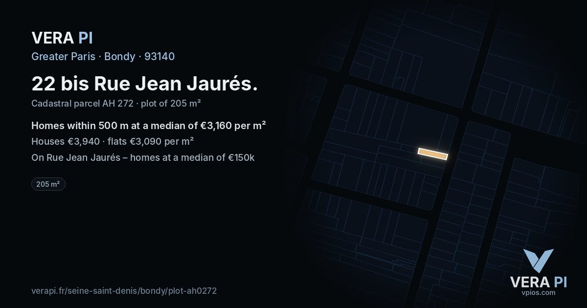 22 bis Rue Jean Jaurés, Bondy at night – the plot lit, the parcels around coloured by the prices near them