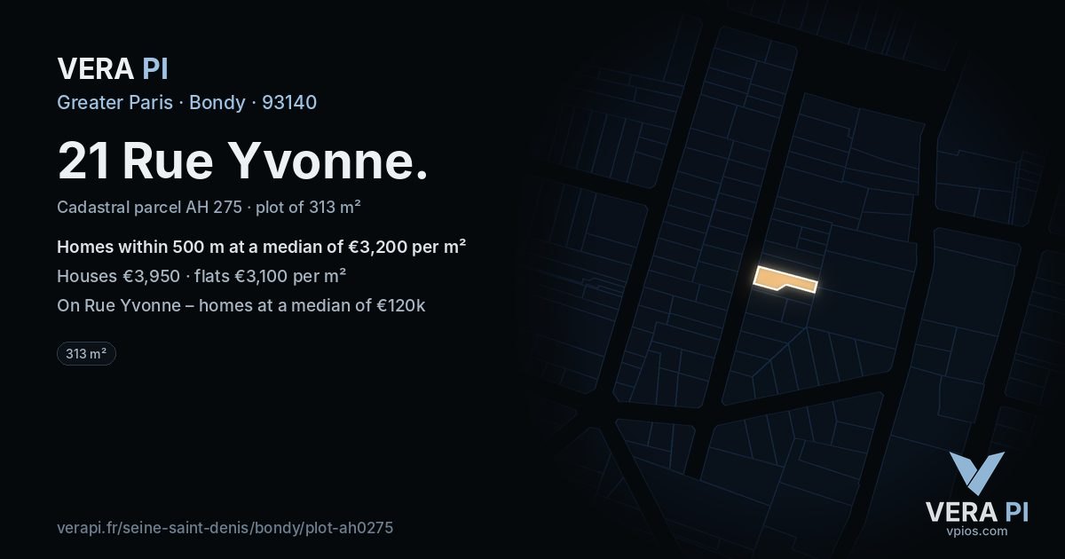 21 Rue Yvonne, Bondy at night – the plot lit, the parcels around coloured by the prices near them