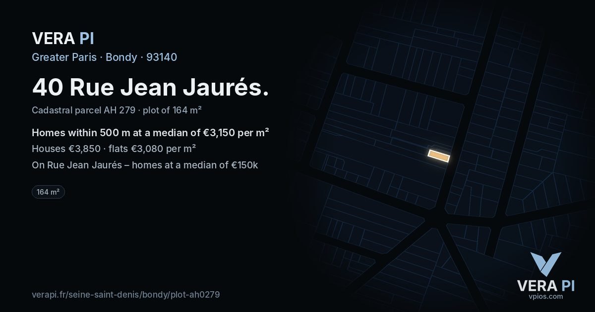 40 Rue Jean Jaurés, Bondy at night – the plot lit, the parcels around coloured by the prices near them