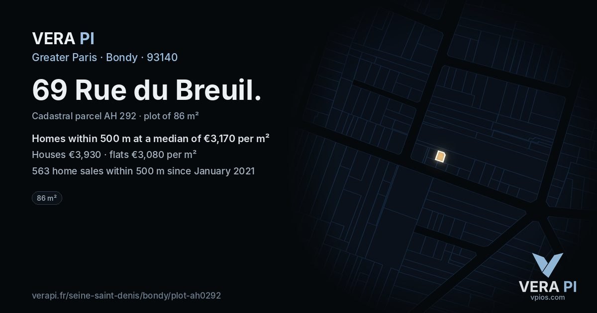69 Rue du Breuil, Bondy at night – the plot lit, the parcels around coloured by the prices near them
