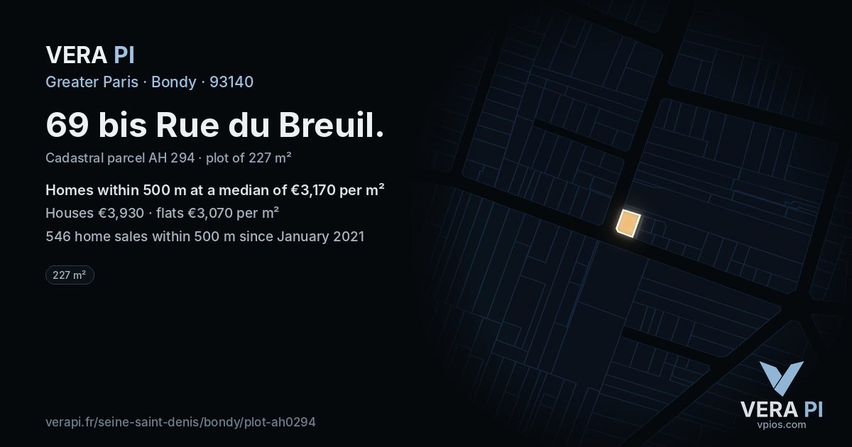 69 bis Rue du Breuil, Bondy at night – the plot lit, the parcels around coloured by the prices near them