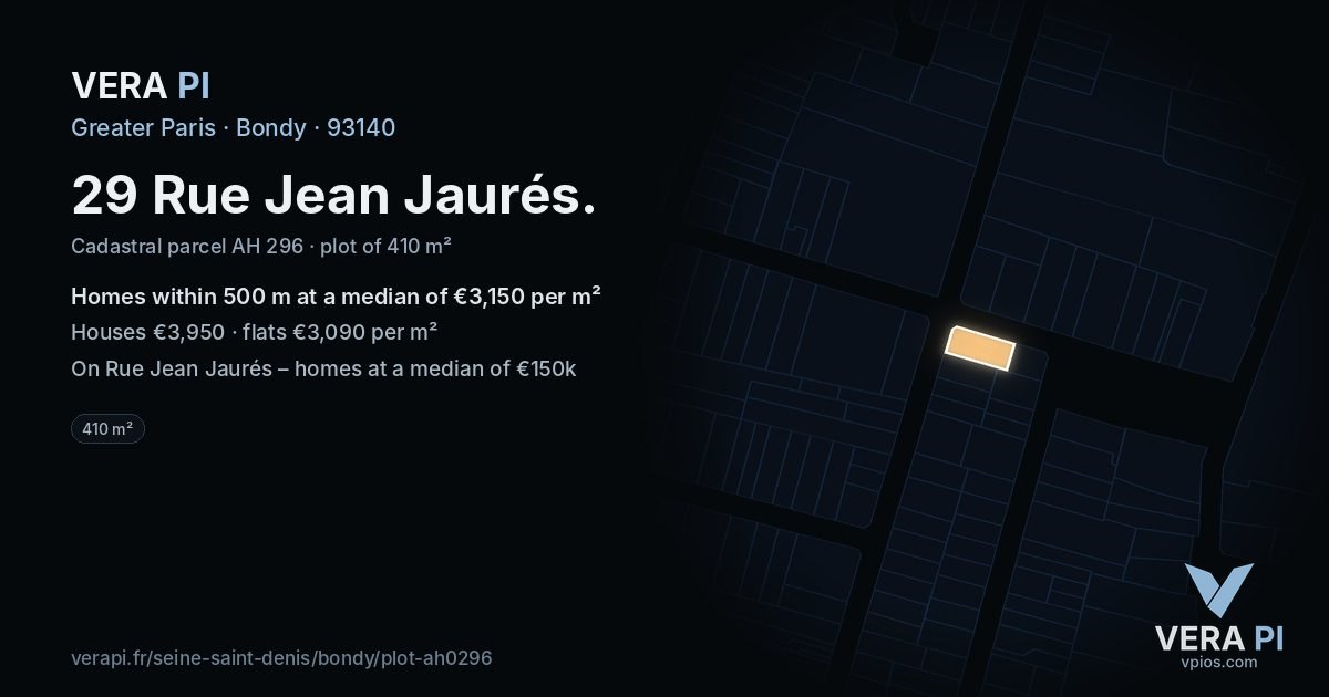 29 Rue Jean Jaurés, Bondy at night – the plot lit, the parcels around coloured by the prices near them