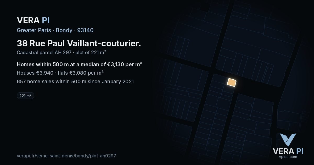 38 Rue Paul Vaillant-couturier, Bondy at night – the plot lit, the parcels around coloured by the prices near them