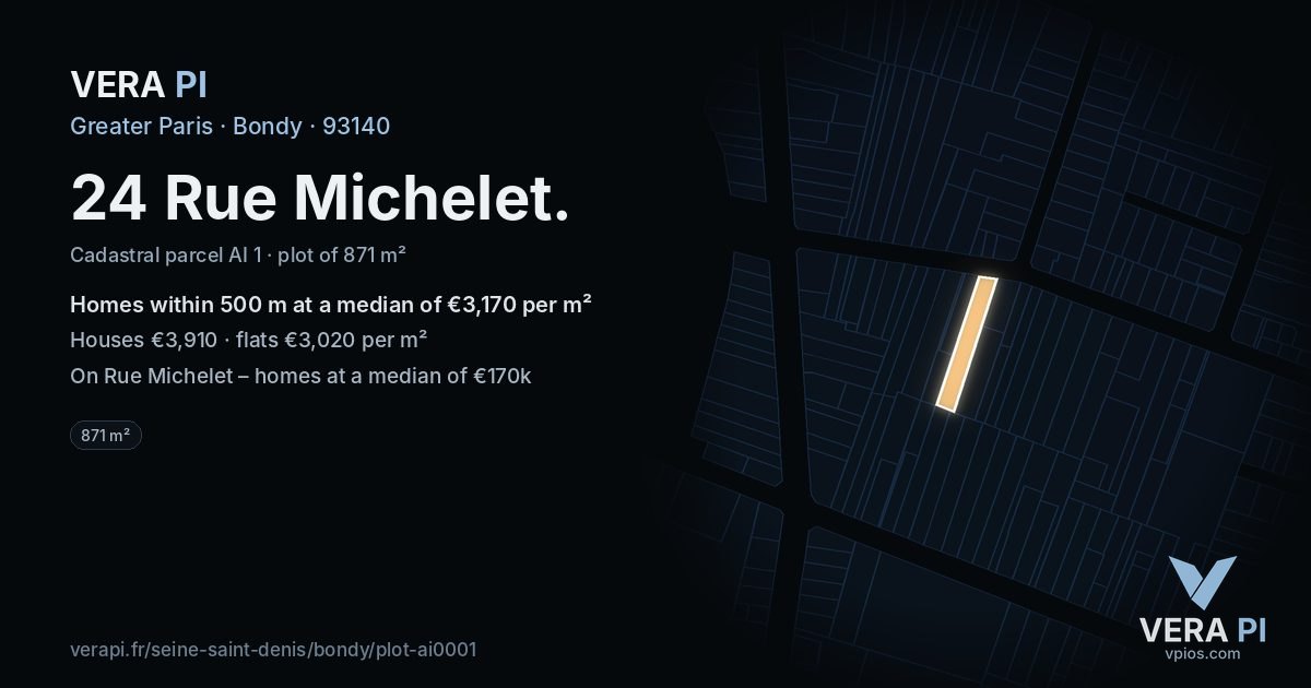 24 Rue Michelet, Bondy at night – the plot lit, the parcels around coloured by the prices near them