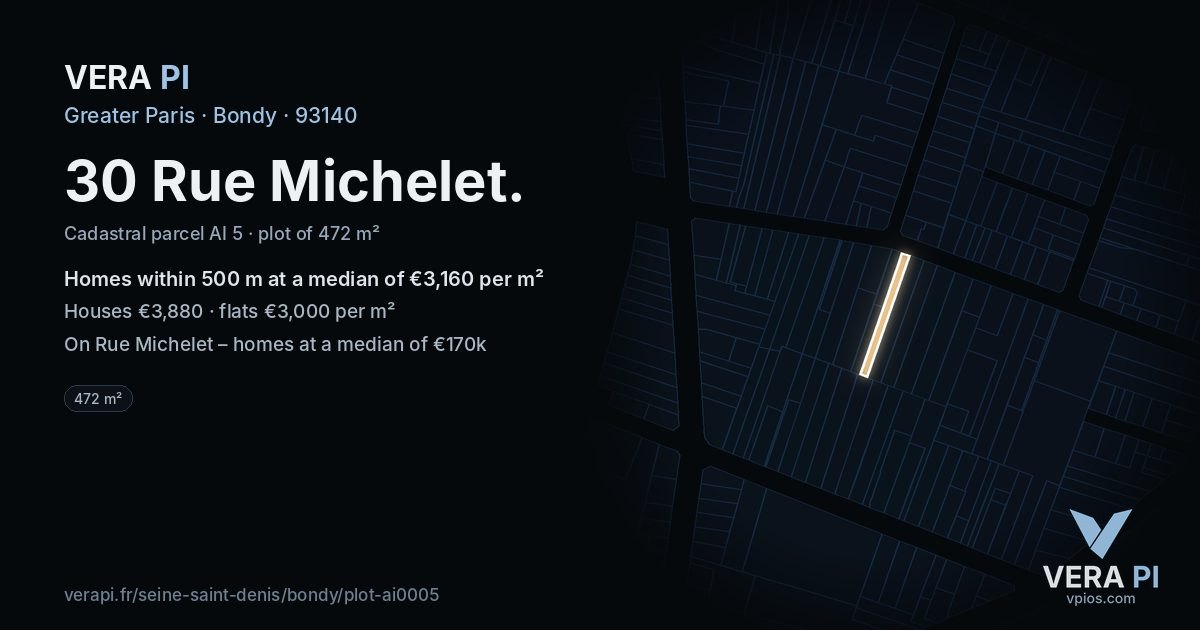 30 Rue Michelet, Bondy at night – the plot lit, the parcels around coloured by the prices near them