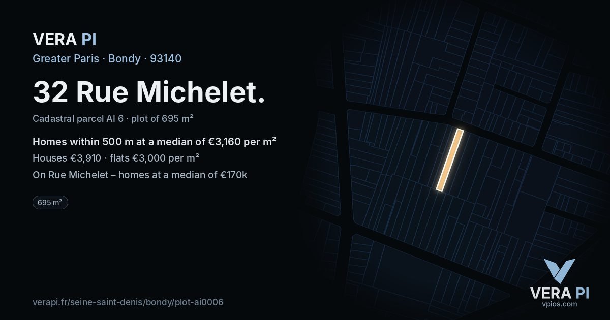 32 Rue Michelet, Bondy at night – the plot lit, the parcels around coloured by the prices near them