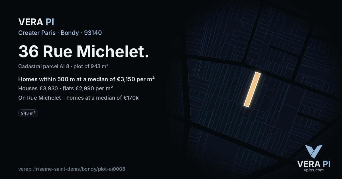 36 Rue Michelet, Bondy at night – the plot lit, the parcels around coloured by the prices near them