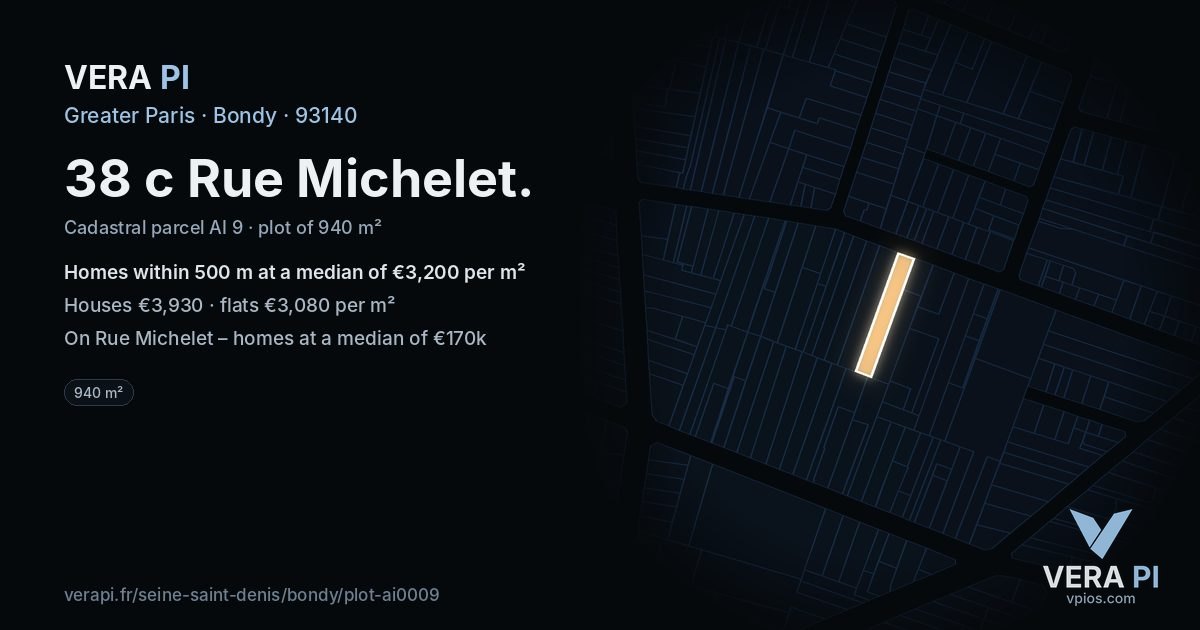 38 c Rue Michelet, Bondy at night – the plot lit, the parcels around coloured by the prices near them