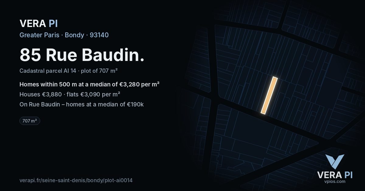 85 Rue Baudin, Bondy at night – the plot lit, the parcels around coloured by the prices near them