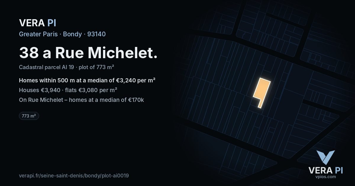 38 a Rue Michelet, Bondy at night – the plot lit, the parcels around coloured by the prices near them